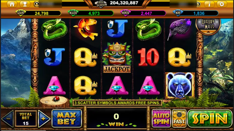 Spirit Bear reels with a green snake, a golden koi, a tiki mask JACKPOT symbol and a blue bear in a gold frame, total bet 15