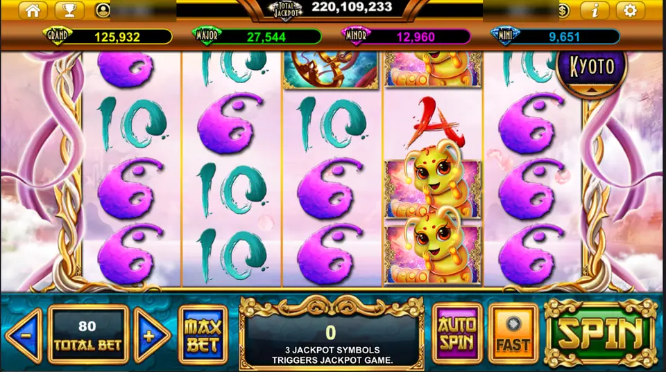 Sacred Relics reels with brush-stroke 10s and purple Qs, a yellow cartoon creature stacked on reel 4 and four jackpot meters above, total bet 80