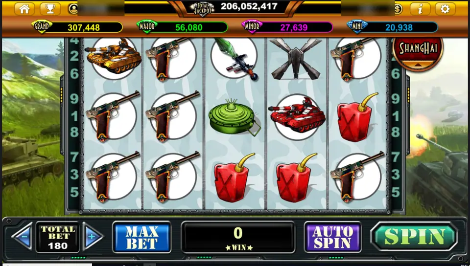 Tank Attack reels with a gold tank, pistols, a bazooka, a landmine, a red tank and fuel cans, four jackpot meters above and a total bet of 180
