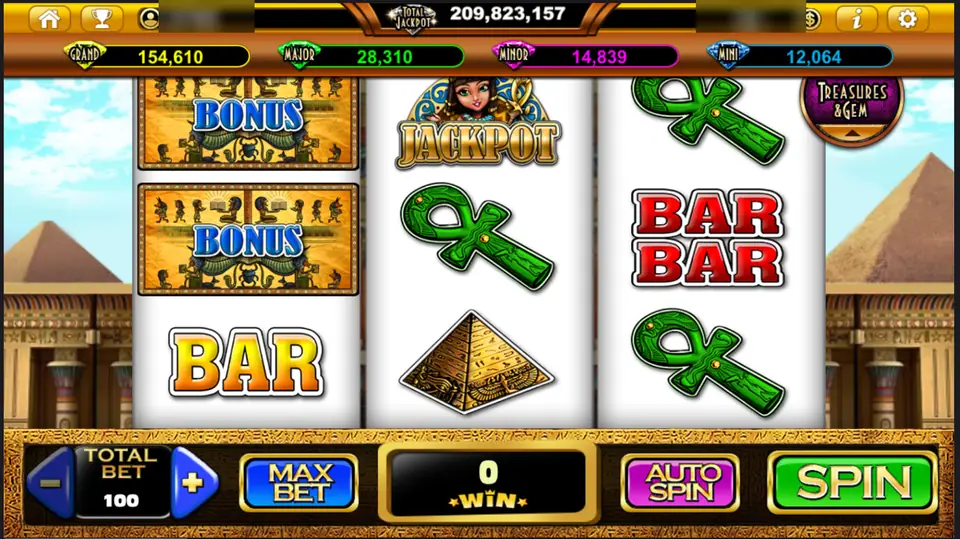 The Lost Gems reels with two BONUS tiles and a BAR on reel 1, a JACKPOT symbol, ankhs and a pyramid, four jackpot meters above