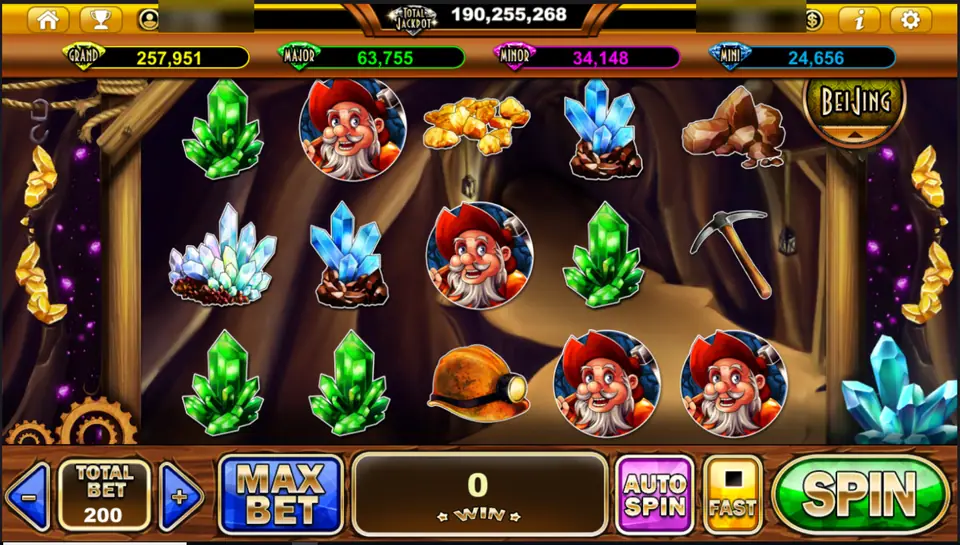 Treasures Varna reels with green emeralds, blue crystals, gold nuggets and four round prospector tiles in a timbered mine, total bet 200