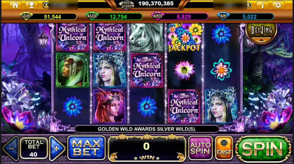The Mythical Unicorn reels with fairy portraits, logo tiles, glowing flowers, a silver unicorn head and a flower bouquet marked JACKPOT, total bet 40