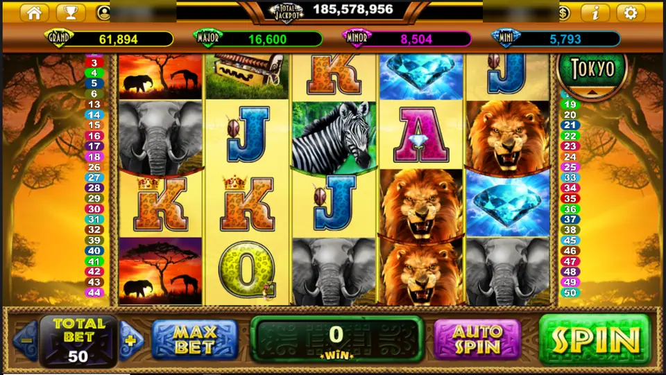 Wilds of Africa reels with lions stacked on reel 4, elephants, a zebra, blue diamonds and leopard-print letters, line tabs 1 to 50