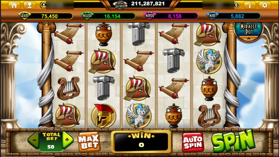 Zeus D'Mighty reels with scrolls, amphoras, columns, ship shields, a Spartan helmet, Pegasus and lyres, four jackpot meters above