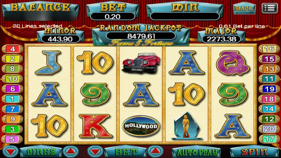 Fame & Fortune reels on red curtains with a red vintage roadster, the Hollywood sign, a glass award statuette and starry card symbols