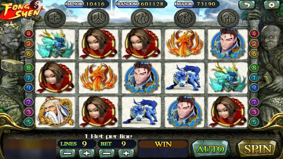 Fong Shen reels with a blue qilin, a red phoenix, heroes and a white-bearded sage under five stone element coins, 9 lines