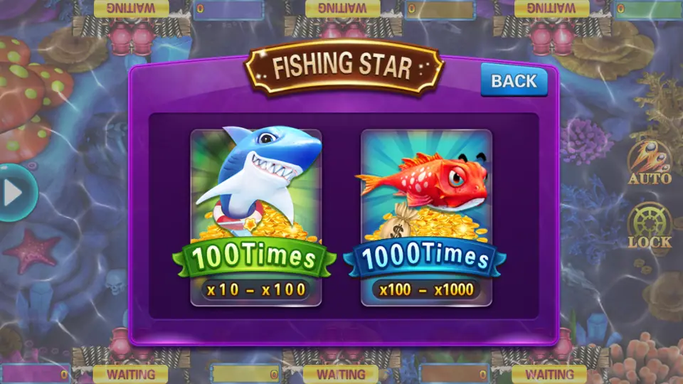 Fishing Star room picker with a 100 Times card marked x10 to x100 and a 1000 Times card marked x100 to x1000