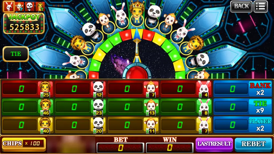 Forest Dance betting board with twelve animal boxes in red, green and yellow rows, Bank x2, Tie x9 and Player x2 on the right, chips x100