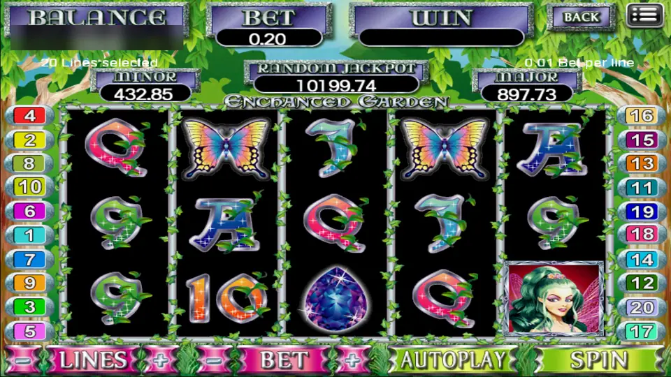 Enchanted Garden reels with a rainbow butterfly on reels 2 and 4, a blue gem, sparkling card letters and a fairy portrait on reel 5
