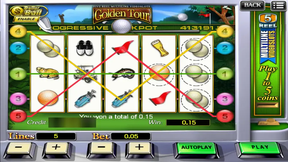 Golden Tour spin paying 0.15 with three paylines drawn across gold balls, an orange ball and a gopher