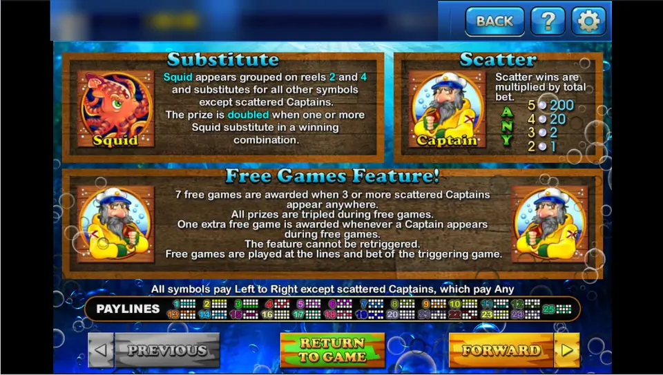 Sea Captain help screen on 3Win8 with the squid wild, the captain scatter and the free games rules