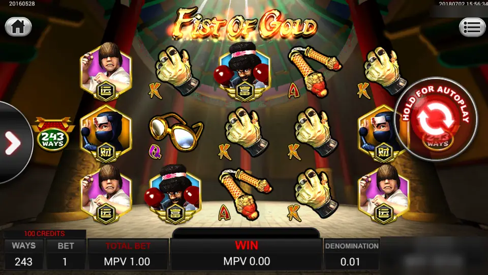 Fist of Gold reels on a round fighting stage with golden gloves, nunchaku, yellow glasses and cartoon fighters in hexagon frames