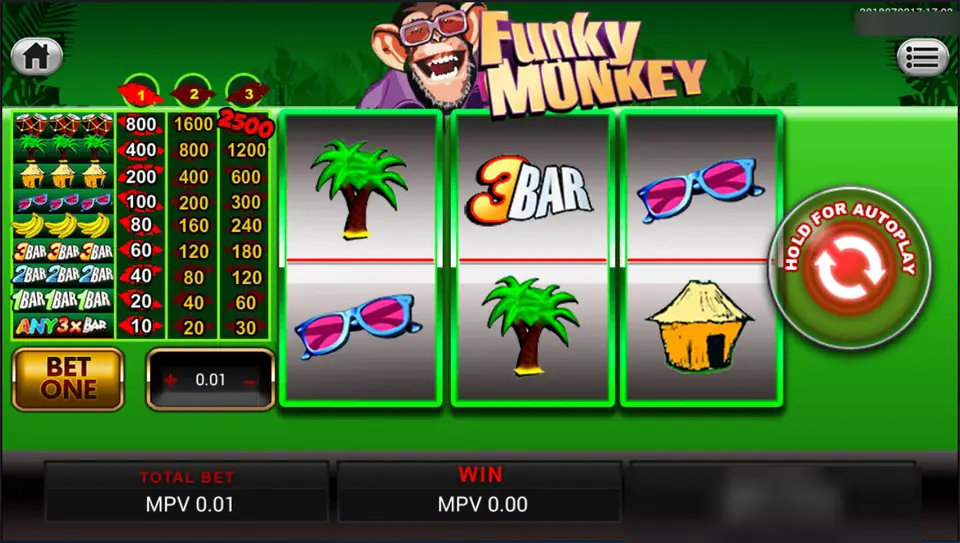 Funky Monkey three-reel game with palm trees, a 3 BAR, pink sunglasses and a straw hut, pay table on the left and a chimp in sunglasses above