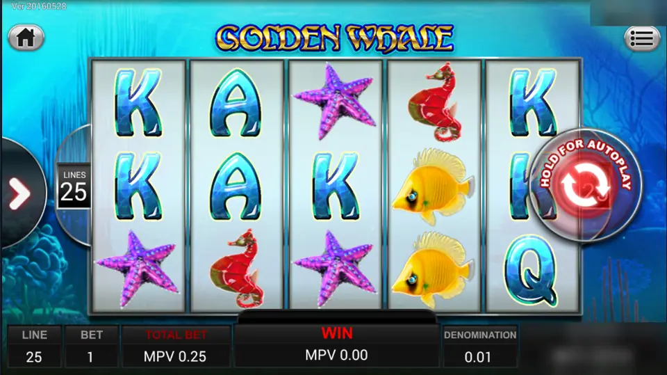 Golden Whale reels with blue K, A and Q letters, purple starfish, red seahorses and yellow fish over an underwater background
