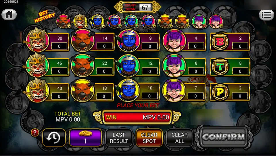 Golden Journey betting board with Monkey King, bull demon, blue demon and girl portraits in red, green and yellow rows, each with odds, plus B, T and P side bets