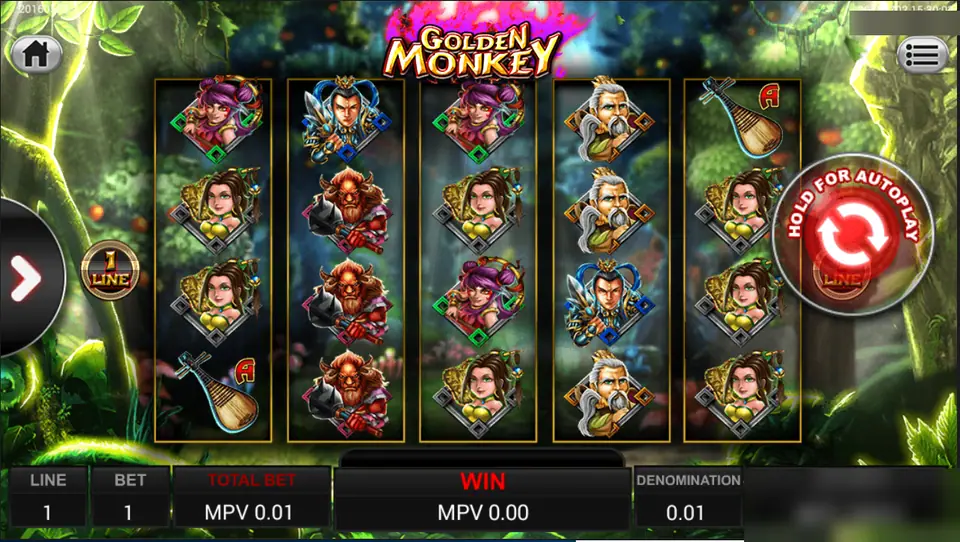 Golden Monkey reels in a jungle, four rows of character portraits in diamond frames: a sage, a bull demon, a young general and court ladies, with a pipa