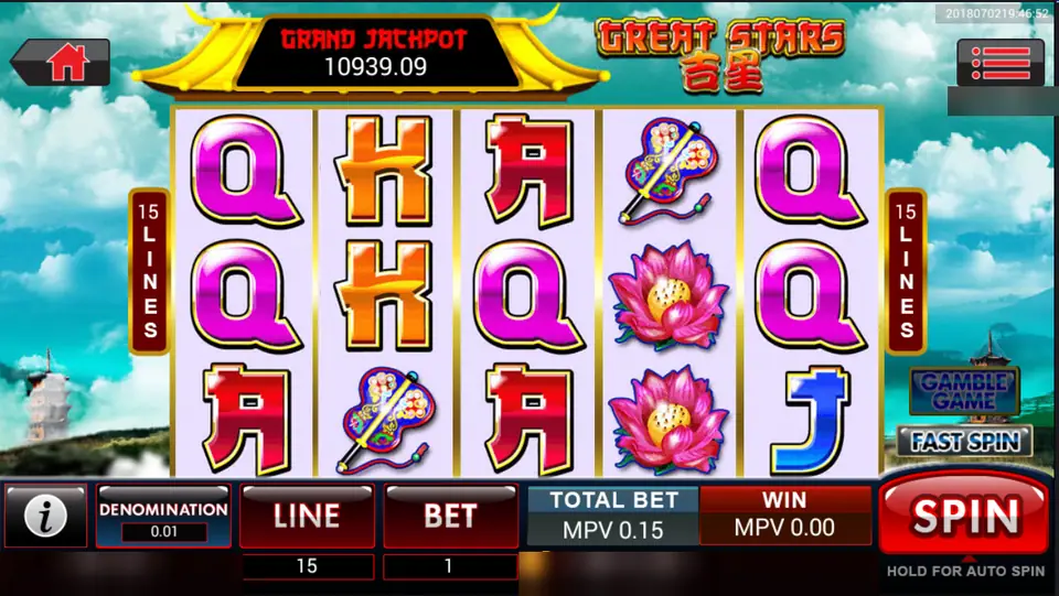Great Stars reels with pink Q, orange K and red A symbols, lotus flowers and a jewelled fan under a golden temple roof and a Grand Jackpot meter, 15 lines