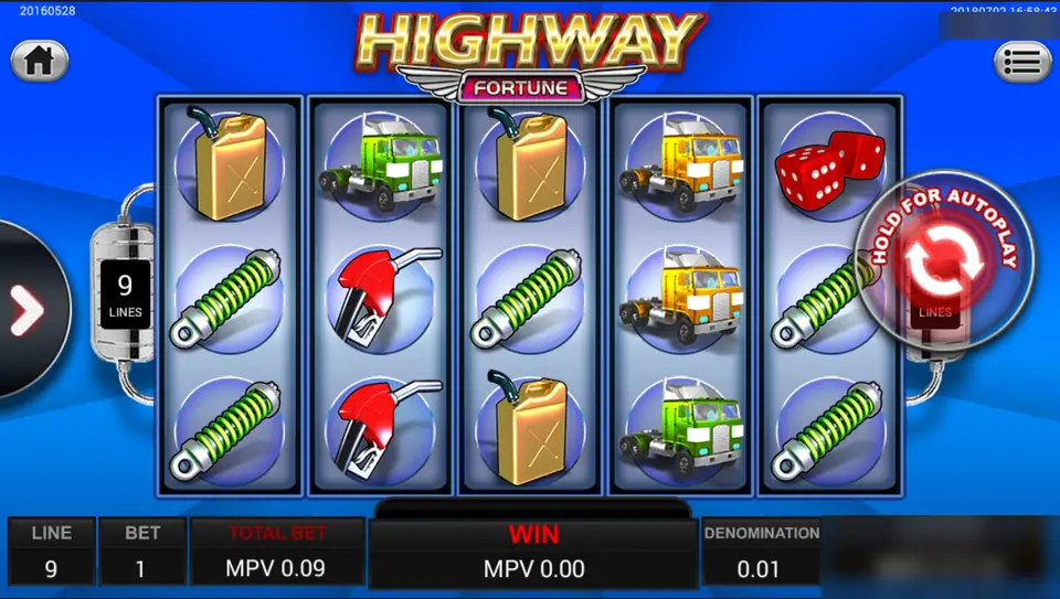 Highway Fortune reels with jerry cans, green and yellow truck cabs, shock absorbers, fuel nozzles and red dice on a blue background, 9 lines