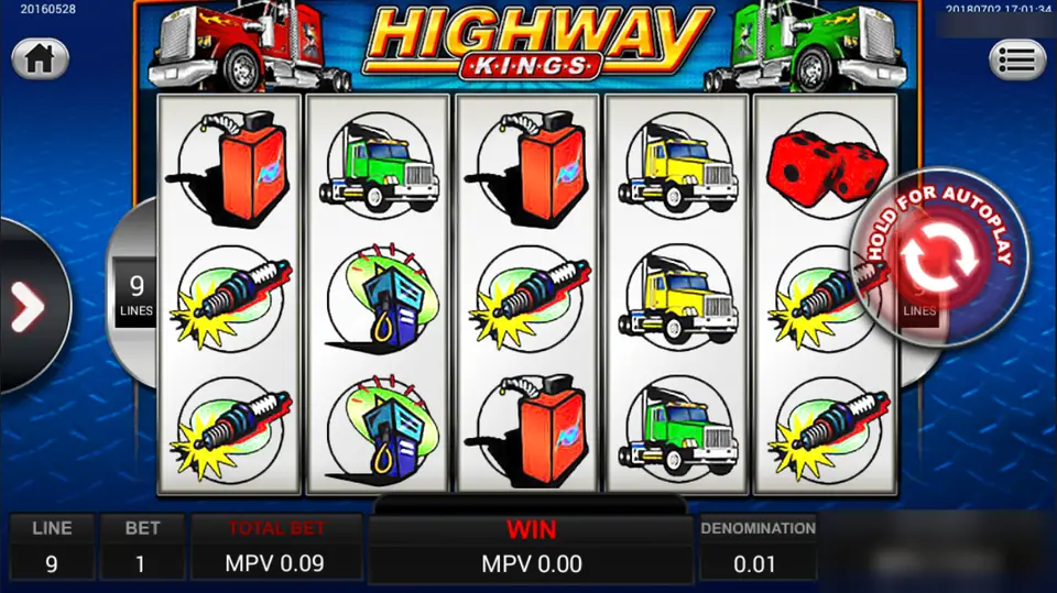 Highway Kings reels with red jerry cans, spark plugs, fuel pumps, green and yellow trucks and red dice, 9 lines, big rigs either side of the logo