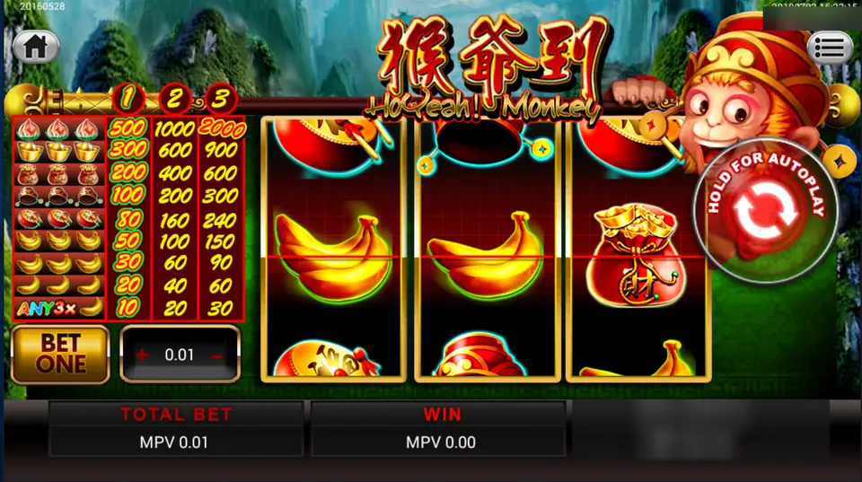 HoYeah Monkey three-reel game with bananas and a red money pouch on the centre line, a pay table for 1, 2 and 3 coins on the left and a cartoon monkey in a red cap