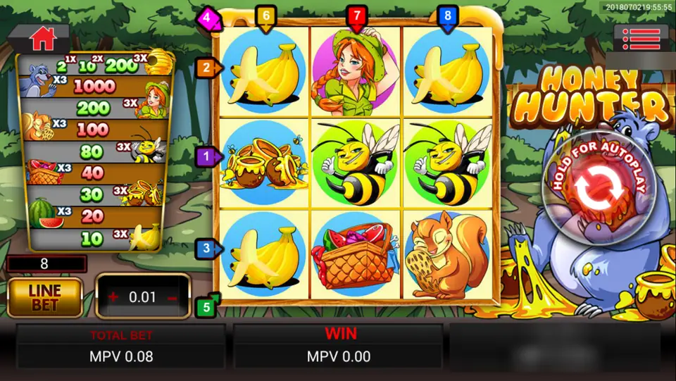 Honey Hunter 3x3 grid with bananas, a forest ranger, honey pots, two bees, a picnic basket and a squirrel, line markers 1 to 8 around it and a blue bear on the right