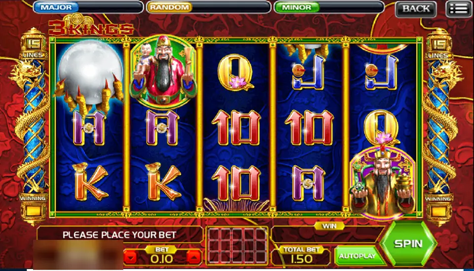 3 Kings reels with a pearl in a dragon claw, two of the star gods and red and gold card letters between blue dragon pillars marked 15 lines