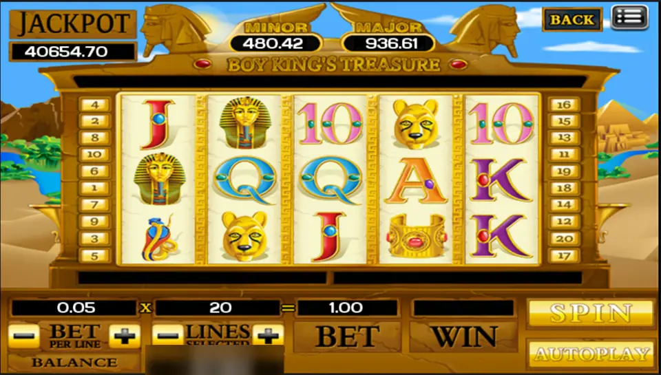 Boy King's Treasure reels with golden pharaoh masks, a lioness head, a gold cuff and a cobra, 0.05 per line times 20 lines equals 1.00