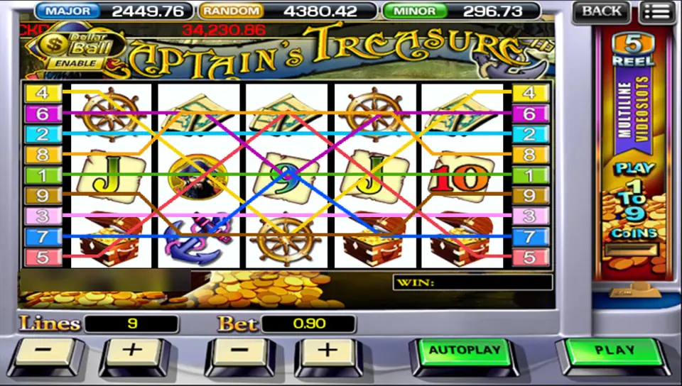 Captain's Treasure with all nine lines drawn over ship's wheels, maps, an anchor and treasure chests, 9 lines at a 0.90 bet