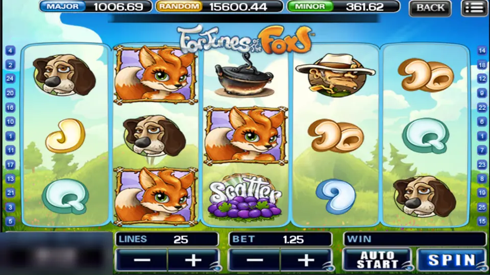 Fortunes of the Fox reels with the fox stacked on reel 2, hounds, the hunter in a bush hat, a camp pot and a berry basket scatter, 25 lines at 1.25