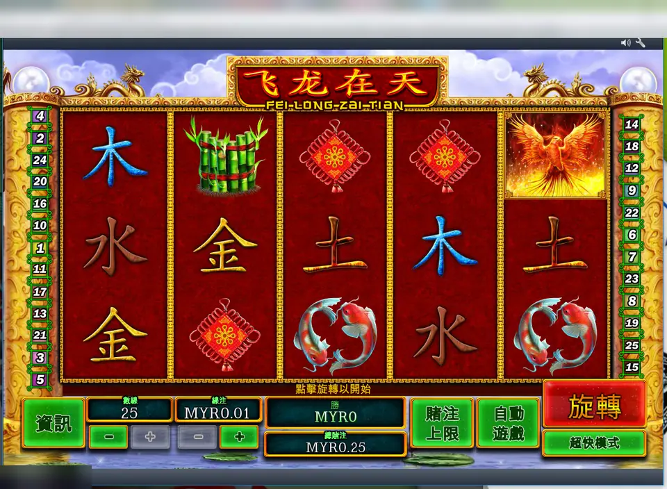 Fei Long Zai Tian reels in red and gold with the characters for wood, water, metal and earth, bamboo, a red knot, a koi pair and a phoenix, 25 numbered lines either side