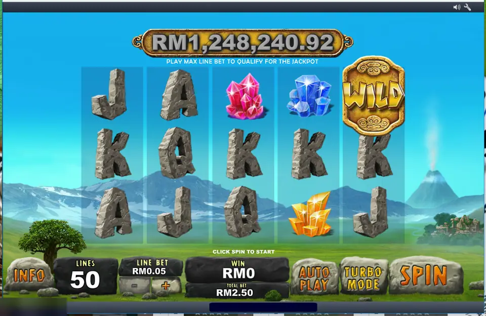Jackpot Giant reels with stone letters J, A, K, Q, pink, blue and yellow crystals and a gold WILD tile, jackpot meter RM1,248,240.92 above, volcano behind