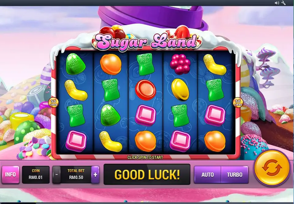 Sugar Land reels on a blue backing with green gumdrops, orange drops, yellow jelly beans, pink squares and red berry clusters, 50 lines, coin RM0.01 and total bet RM0.50