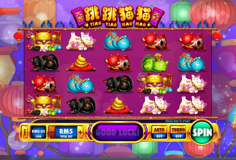 Tiao Tiao Mao Mao reels with gold, white, blue, red, black and green lucky cat figures and gold piles on red cushions, paper lanterns behind