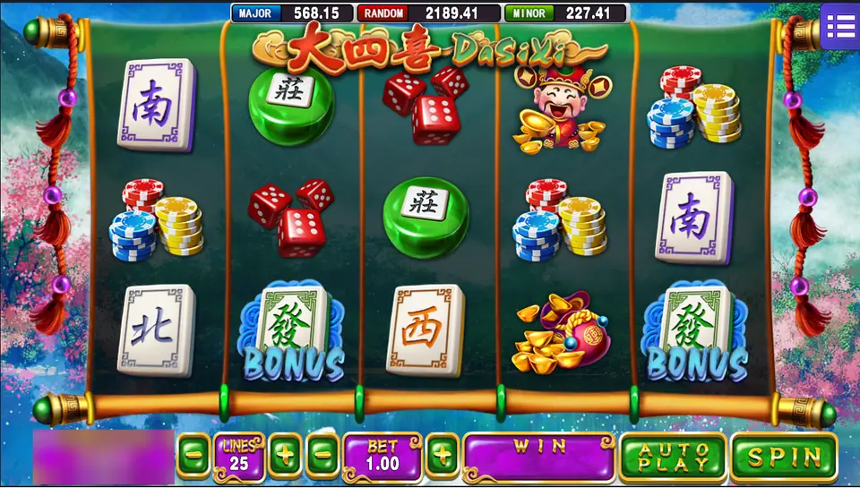 Da Si Xi reels with South, North and West mahjong tiles, dice, chip stacks, a fortune god and two green BONUS tiles, 25 lines at 1.00