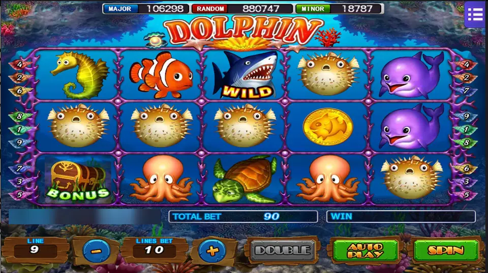 Dolphin reels with a shark wild, puffer fish, a purple dolphin, a gold coin, octopus and a BONUS treasure chest, 9 lines at 10