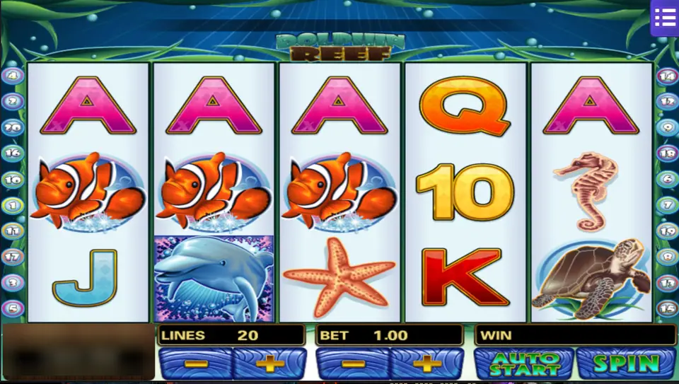 Dolphin Reef reels with three clownfish in a row, a dolphin tile on reel 2, a starfish, a seahorse and a sea turtle, 20 lines at 1.00