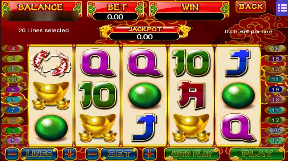 Dragon Gold reels with a pair of koi, gold ingots, jade orbs and card letters, 20 lines selected at 0.05 a line