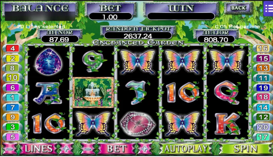Enchanted Garden reels with rainbow butterflies, a fountain on reel 2, a blue gem and ivy-covered card letters, 20 lines at 0.05