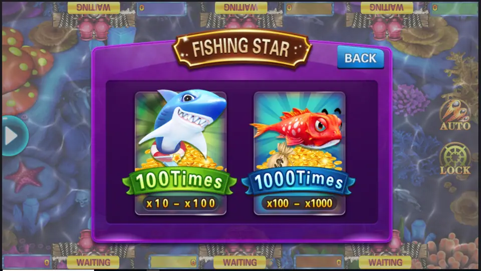 Fishing Star room choice: 100 Times for x10 to x100 and 1000 Times for x100 to x1000, with a BACK button