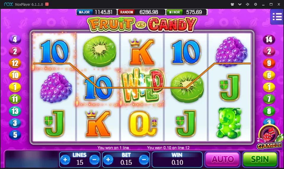 Fruit vs Candy paying 0.10 on line 12, with a WILD on reel 3 joining two blue 10s