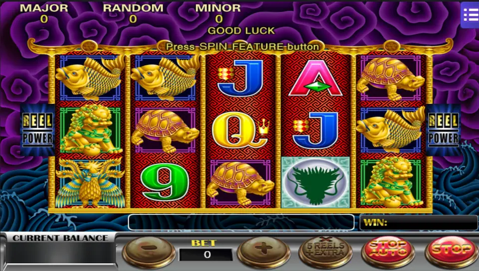 Five Dragons with the prompt Press SPIN FEATURE button, a dragon head on reel 4 and koi, turtles and lion dogs on the outer reels