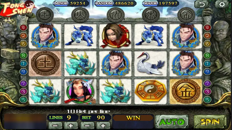 Fong Shen reels with the young warrior on reels 1, 3 and 5, blue beasts, jade dragons, a white crane, a bagua and two element medallions, 9 lines