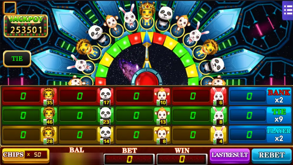 Forest Dance betting board with lion, panda, monkey and rabbit in red, green and yellow at odds from x4 to x46, and BANK x2, TIE x9, PLAYER x2