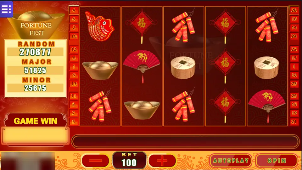 Fortune Fest before a spin with a papercut fish, gold ingots, firecrackers, dragon fans and 福 knots, bet 100