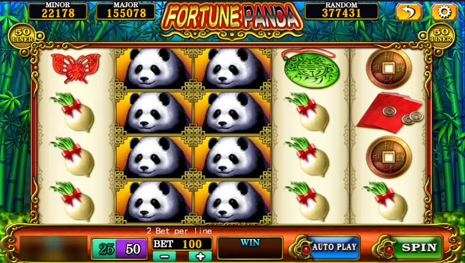 Fortune Panda with pandas stacked four high on reels 2 and 3, white radishes on reels 1 and 4 and lucky coins on reel 5, 50 lines, bet 100