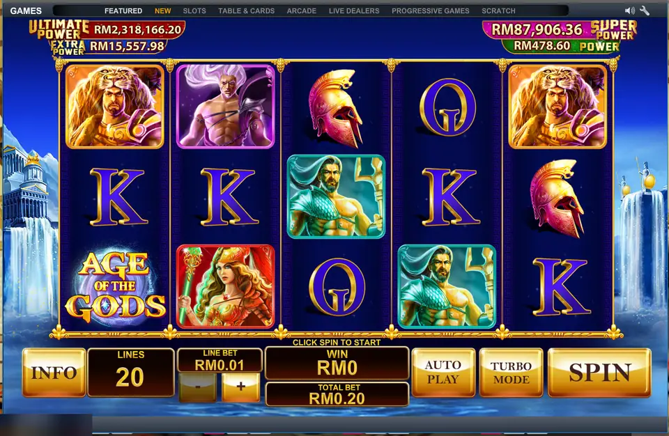 Age of the Gods reels in LPE88 with Hercules, Hades, Athena, Poseidon and golden helmets, 20 lines at RM0.01, total bet RM0.20