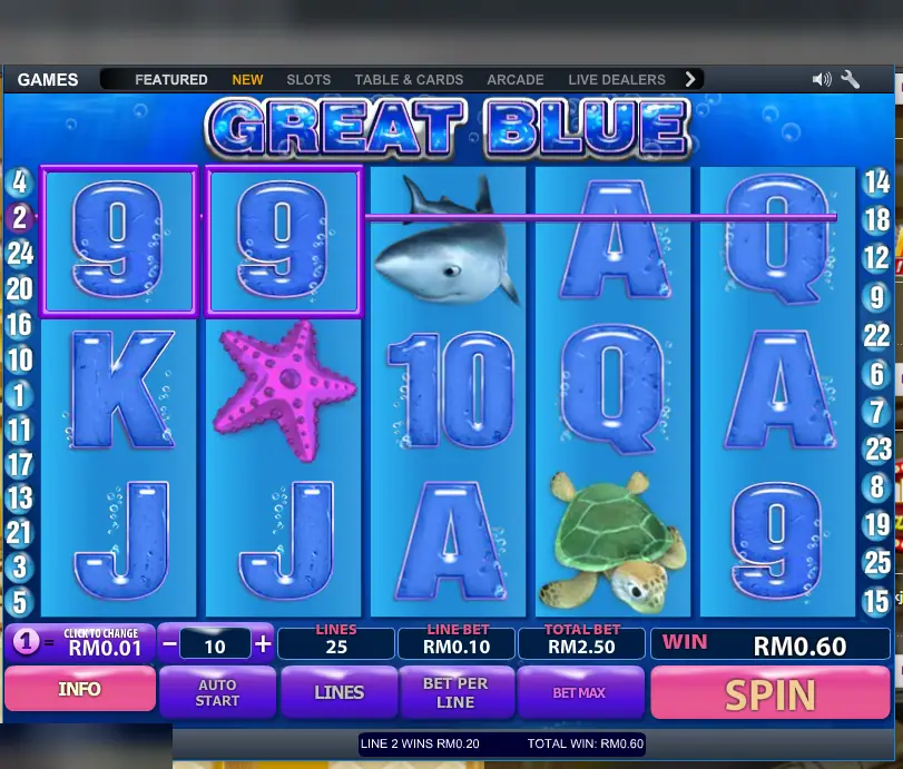 Great Blue reels in LPE88 with 9s, a shark, a starfish and a turtle, line 2 marked, 25 lines, line bet RM0.10, total bet RM2.50