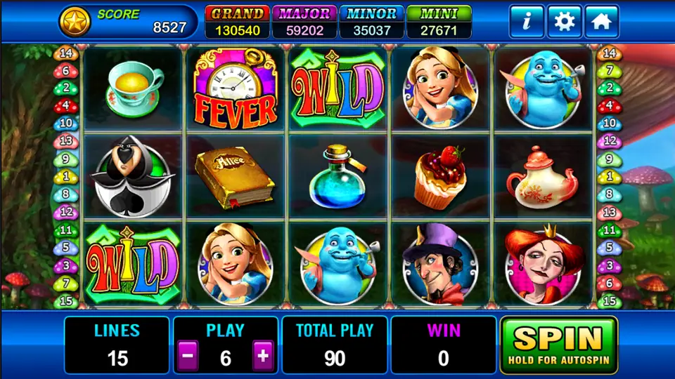 Alice reels with a teacup, a FEVER pocket watch, two WILD signs, Alice portraits, a blue caterpillar, a potion bottle and a cupcake, 15 lines