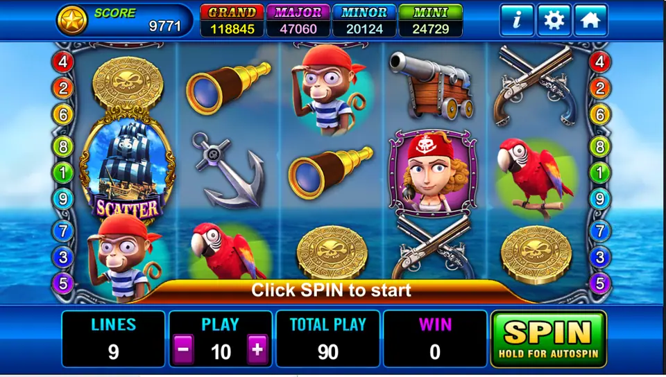 Captain Roger reels at sea with gold skull coins, a pirate ship SCATTER, a monkey in a red bandana, a telescope, anchor, cannon, pistols and parrots