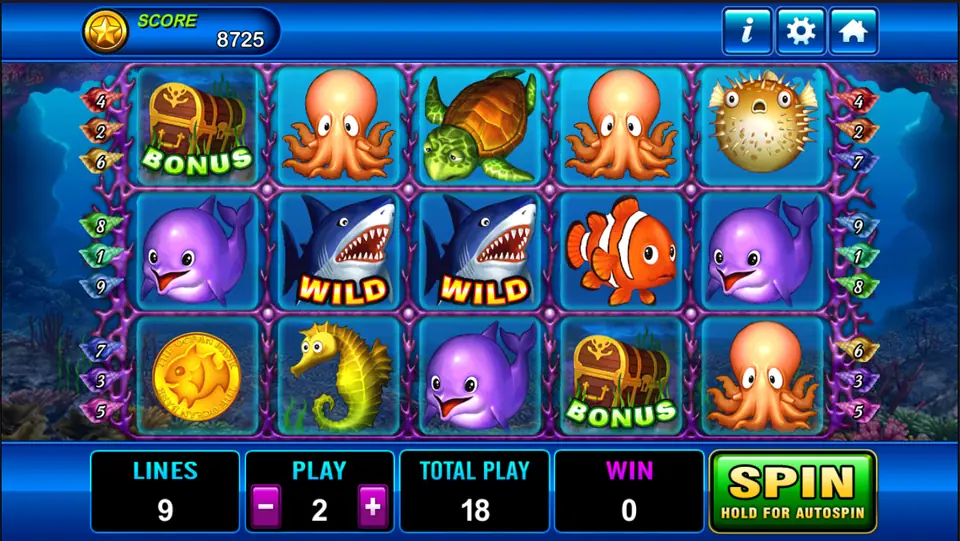 Dolphin reels with two shark WILD tiles in the middle row, purple dolphins, octopus, a turtle, a clownfish, a seahorse and two BONUS treasure chests